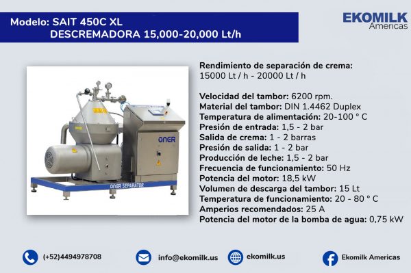 Descremadora Oner 1500-20000 Lts Modelo SAIT 450C XL