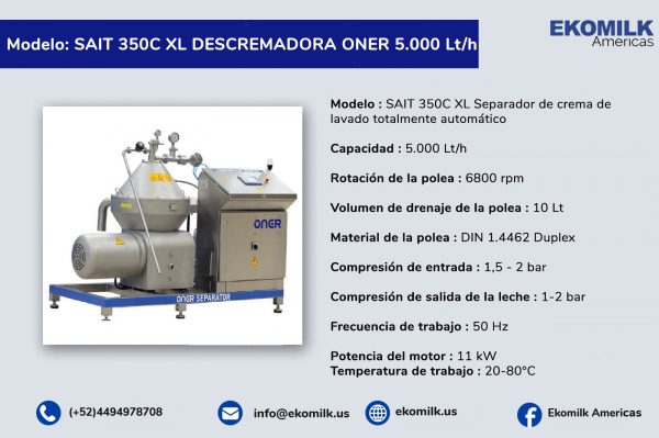 Descremadora Oner 5000 Lts Modelo SAIT 350C XL